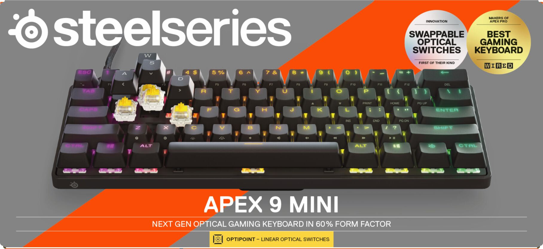 - Apex 9 Mini 60% Wired Optipoint Adjustable Actuation Switch Gaming Keyboard with RGB Lighting - Black